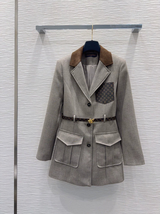 26Long-Sleeve Blazer with Contrast-Color Logo, Pockets, and Waist Belt