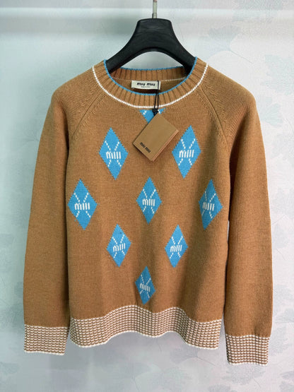 MiuMiu/26 New Season Diamond-Pattern & Stripe Knit Sweater