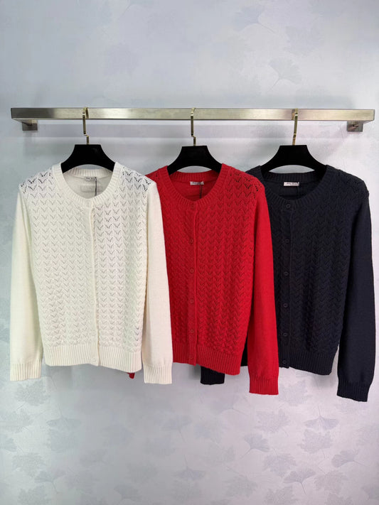 Feather-patterned openwork knit cardigan