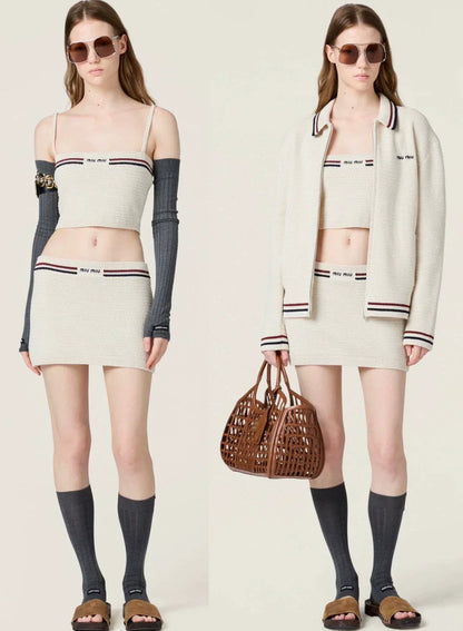 25 Summer new color matching ribbon pure cotton knitted suspender skirt suit