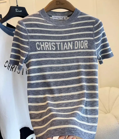 25 Summer new striped logo intarsia striped short-sleeved knitted top