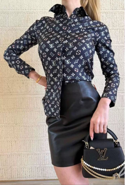 26New Navy Blue Monogram Silk Shirt Set
