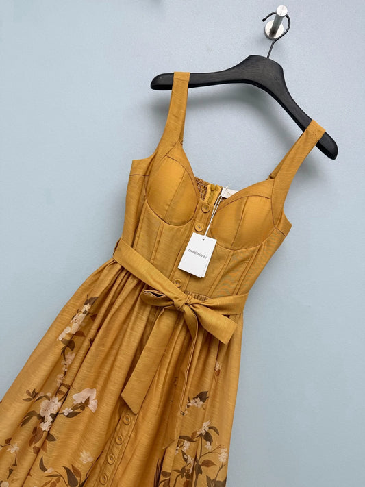 26Vintage-Style Turmeric Floral & Bird Print Corset-Bodice Maxi Dress