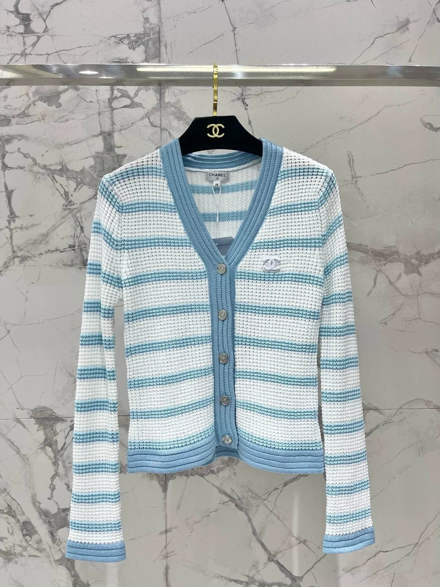 C 25 new hollow color matching striped knitted cardigan