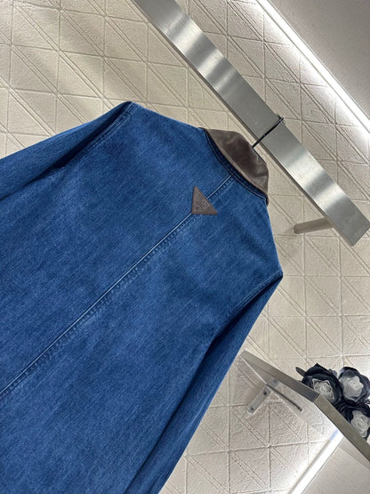 25fw Spliced leather silhouette denim jacket