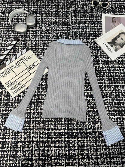 Knitted long sleeved shirt collar with patchwork