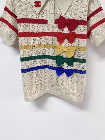 26ss Striped bow logo collared short-sleeved shirt