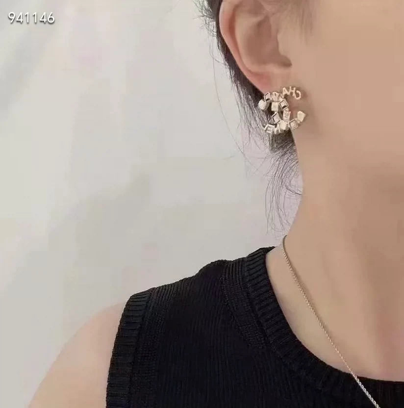 Square diamond letter combination double C earrings