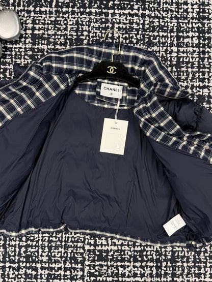 Plaid patchwork stand up collar goose down suit