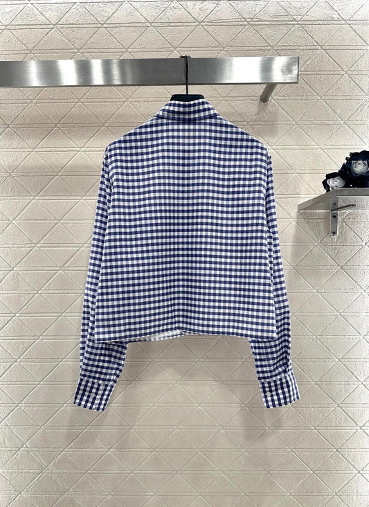 Lace collar blue and white checkered shirt