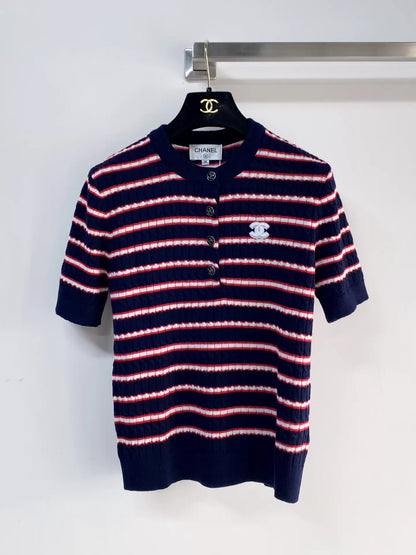26ss Striped logo button T-shirt