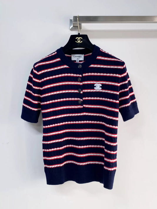 26ss Striped logo button T-shirt