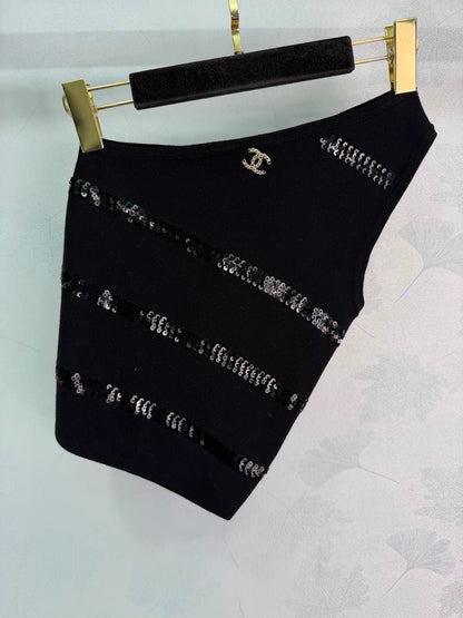 26ss Sequined Striped Knit One-Shoulder Vest