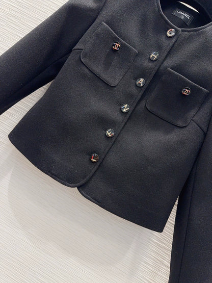 26New Black Single-Breasted Wool-Blend Coat with Letter Detailing