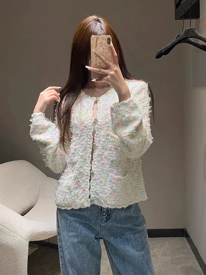 Rainbow fringe woven cardigan