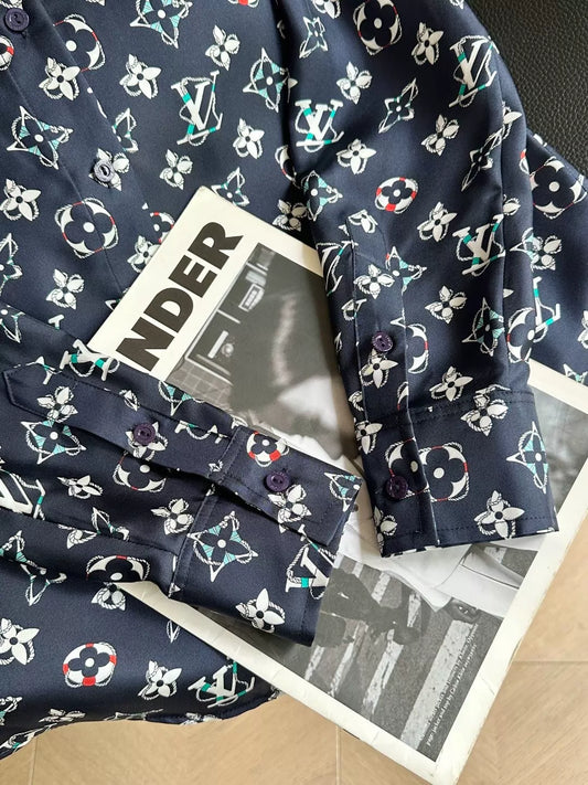 26New Navy Blue Monogram Silk Shirt Set