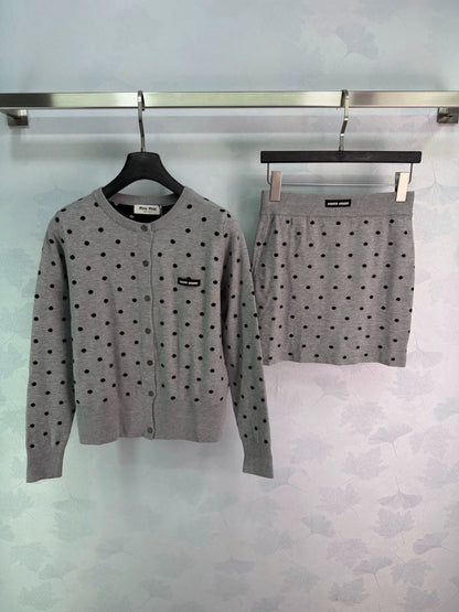 MiuMiu/26 Early Fall New Polka Dot Knit Long-Sleeve Cardigan and Mini Skirt Set
