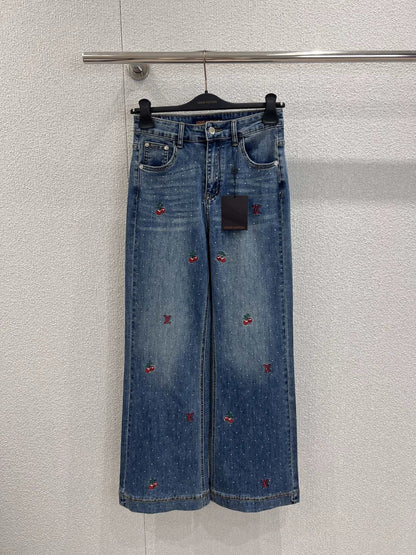 25FW rhinestone logo embroidered denim pants