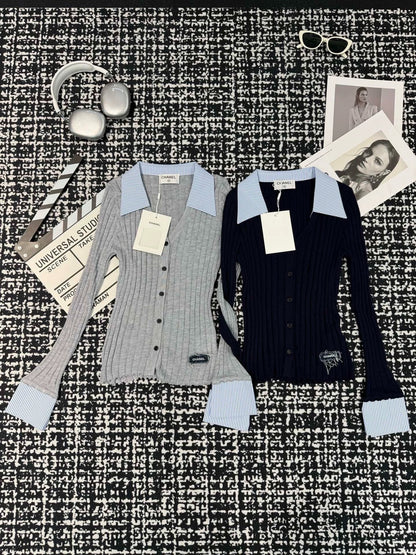 Knitted long sleeved shirt collar with patchwork