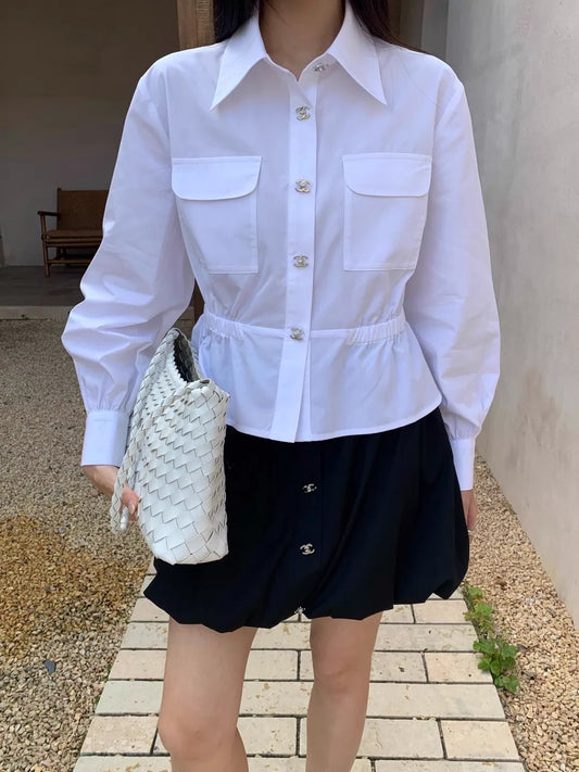 26ss Silver-buttoned tulip-shaped midi skirt
