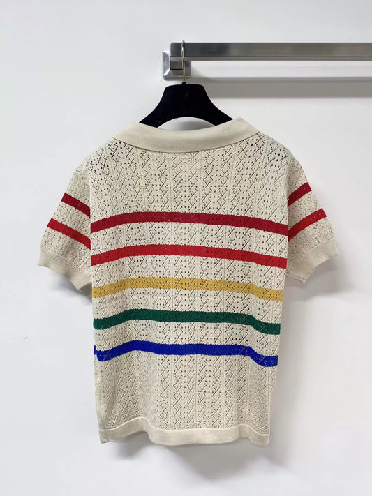 26ss Striped bow logo collared short-sleeved shirt