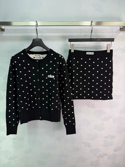 MiuMiu/26 Early Fall New Polka Dot Knit Long-Sleeve Cardigan and Mini Skirt Set