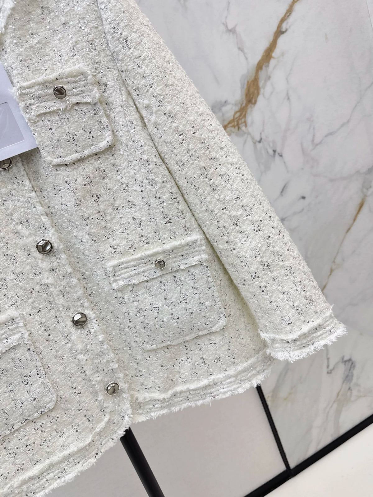 26"Chanel-Style" Woven Tweed-Look Goose Down Jacket