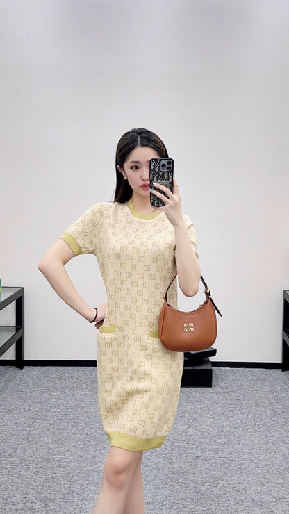 25fw Jacquard knitted short sleeved dress