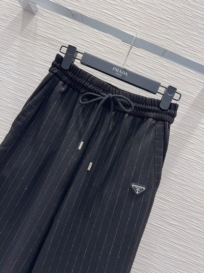 26New Casual Trousers with Triangle Logo and Striped Drawstring