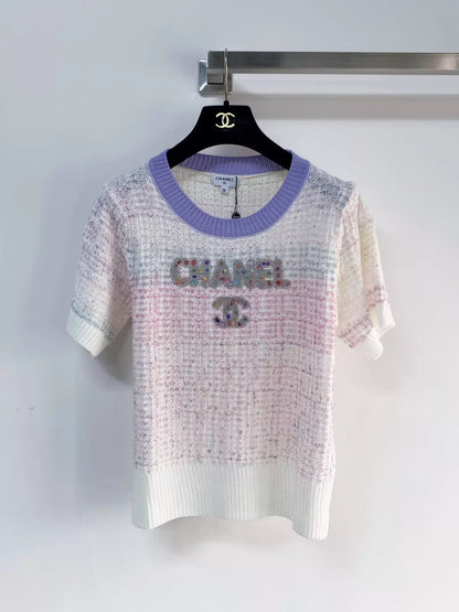 26ss Gradient letter beaded T-shirt