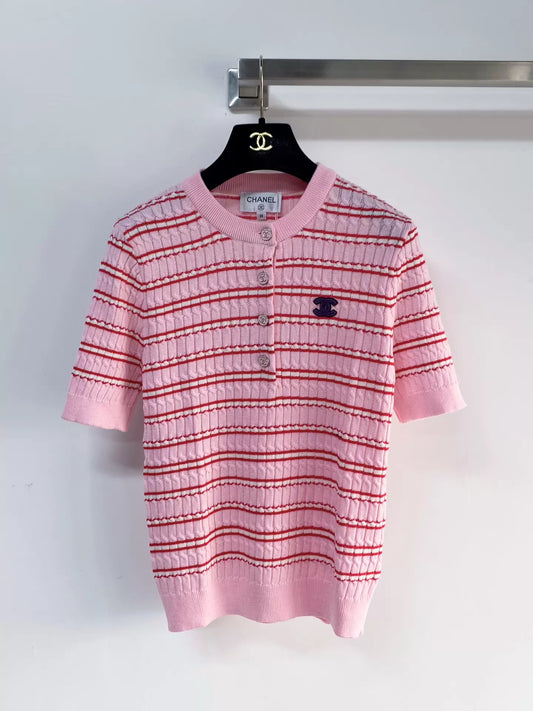 26ss Striped logo button T-shirt