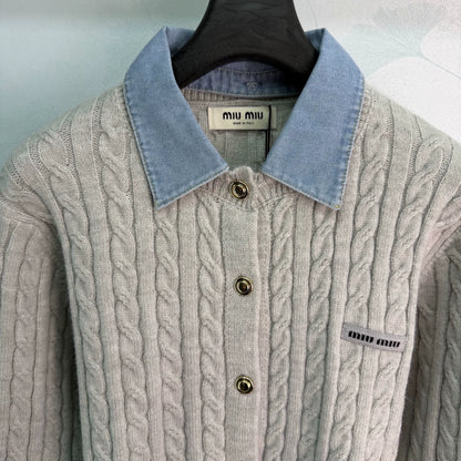 Miu Miu / Denim Patchwork Cable Knit Long Sleeve