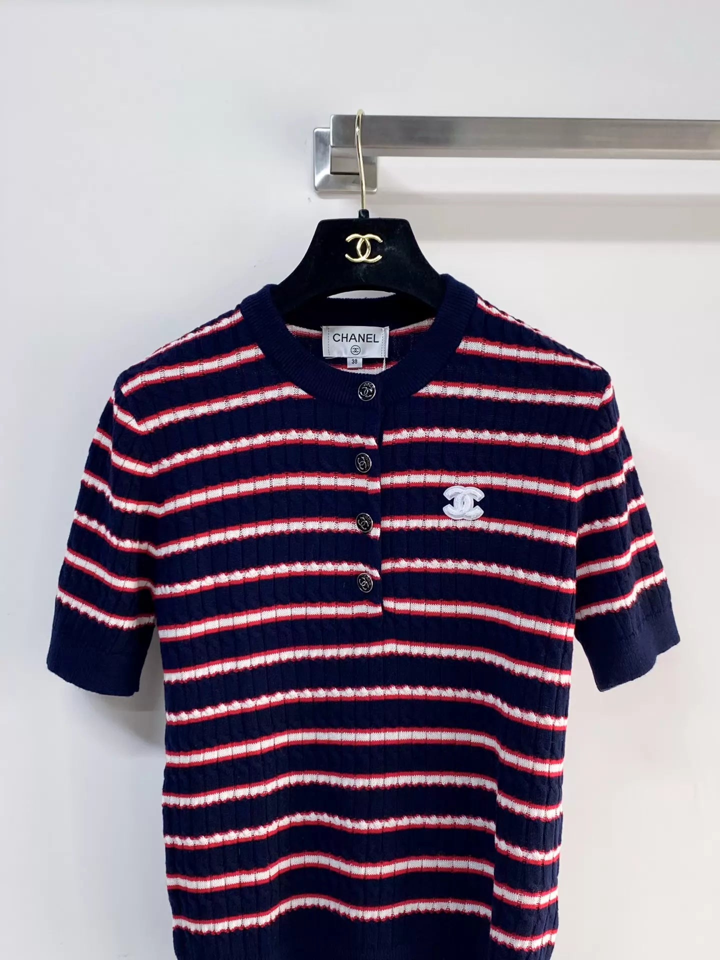26ss Striped logo button T-shirt