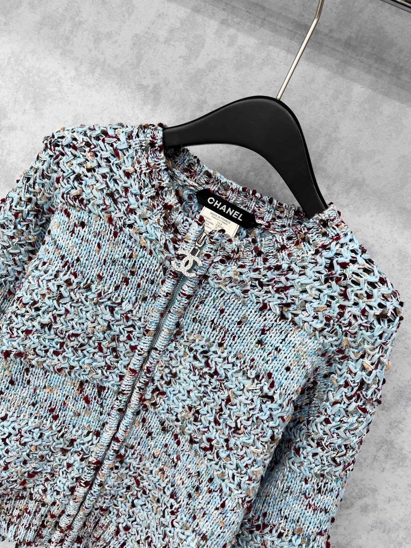 Double C zipper round neck crochet spliced jacket