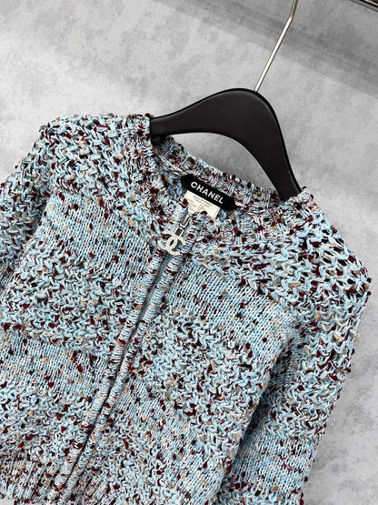 Double C zipper round neck crochet spliced jacket
