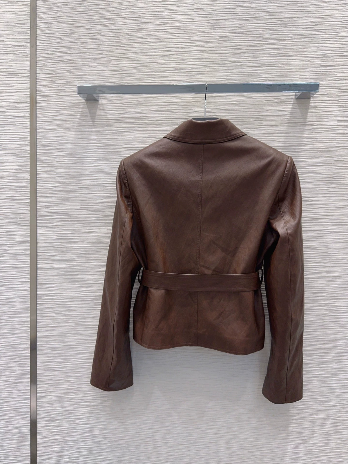 26Long-Sleeve PU Leather Jacket with Triangular Logo and Belt