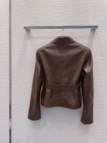 26Long-Sleeve PU Leather Jacket with Triangular Logo and Belt