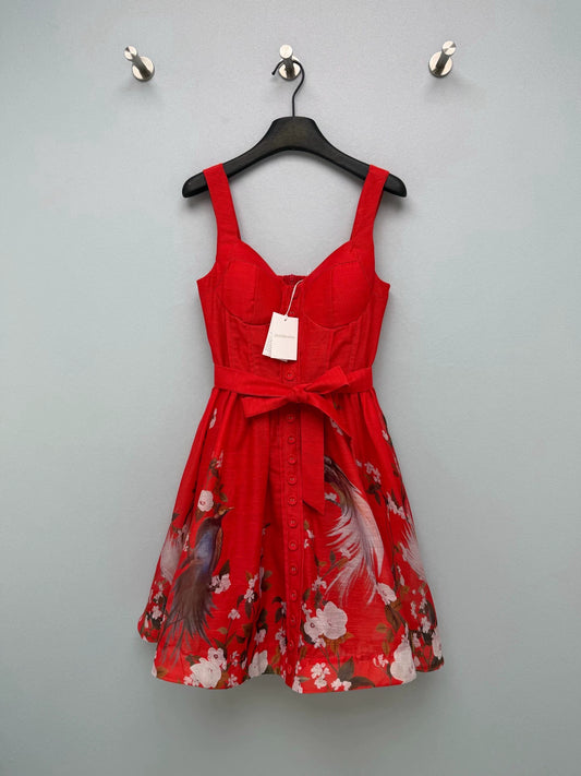 26New Arrival: Vibrant, Bright Red Corset-Style Camisole Dress with Floral and Bird Motifs
