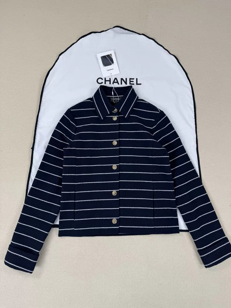 26Striped Jacket with Lapel and Gold-Tone Buttons