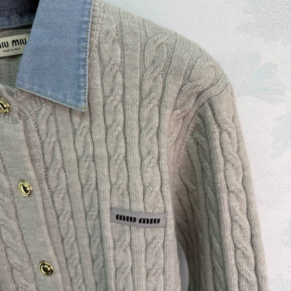 Miu Miu / Denim Patchwork Cable Knit Long Sleeve