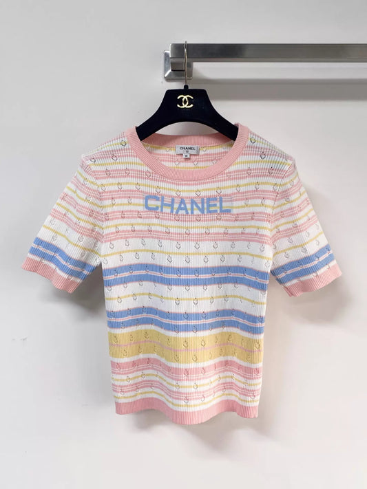 26ss Colorful striped cutout T-shirt