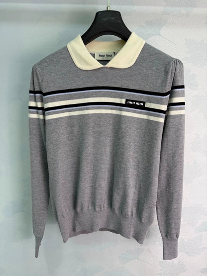 MiuMiu/26 Early Autumn New Color-Block Striped Collared Knit Long-Sleeve