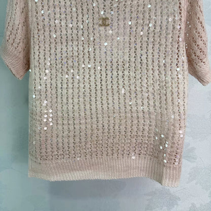 26ss Sequined Openwork Knit T-shirt