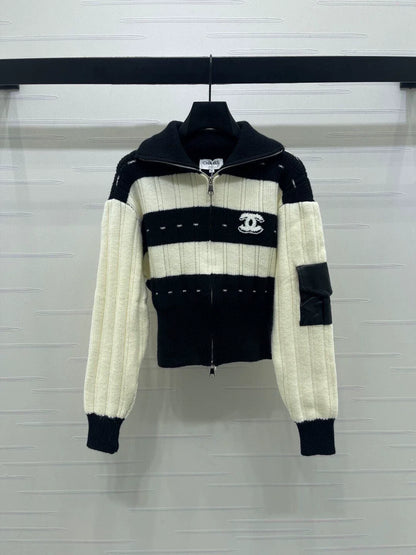 Stand up collar double zipper knitted cardigan