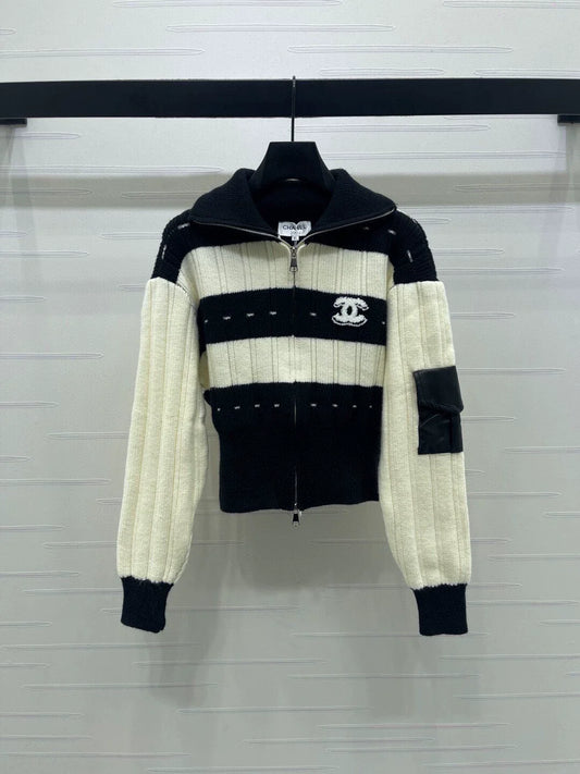 Stand up collar double zipper knitted cardigan