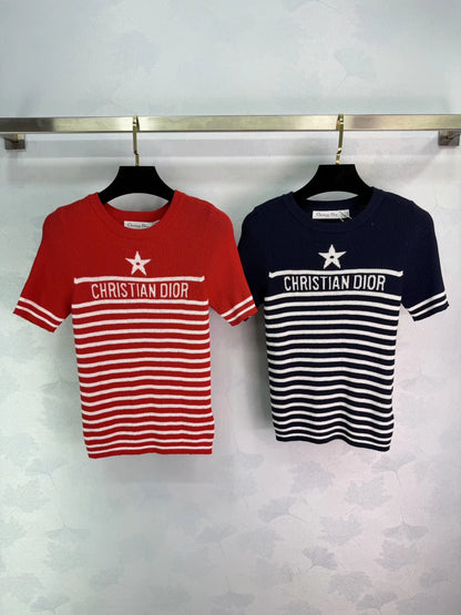 Striped knit short-sleeved top