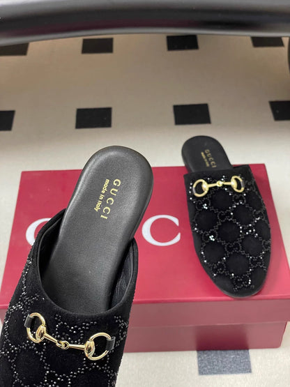 Rhinestone velvet mules
