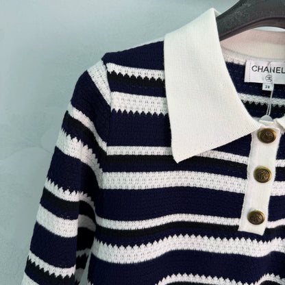 Chanel / 26F Early Autumn New Striped Polo Knit Sweater
