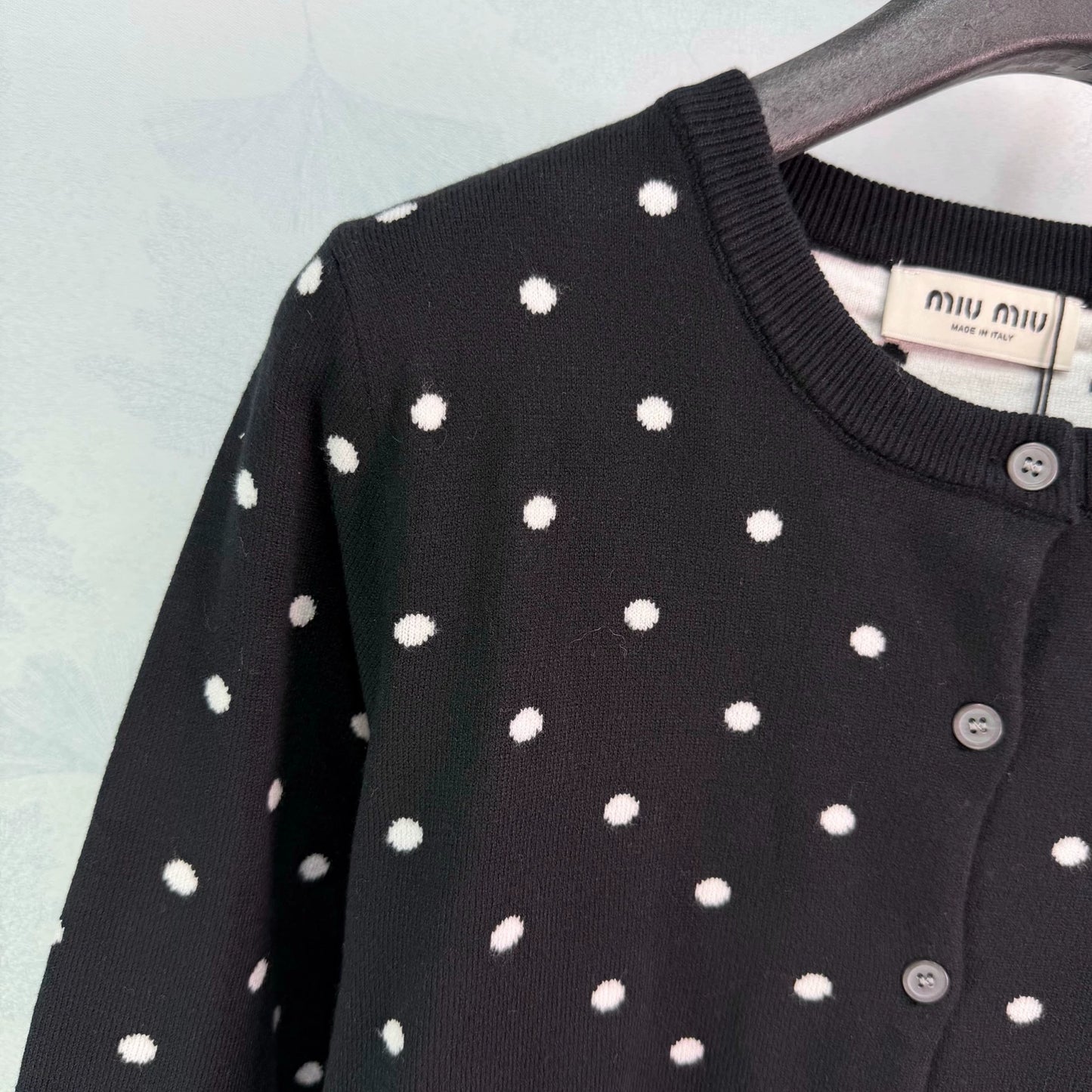 MiuMiu/26 Early Fall New Polka Dot Knit Long-Sleeve Cardigan and Mini Skirt Set