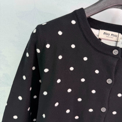 MiuMiu/26 Early Fall New Polka Dot Knit Long-Sleeve Cardigan and Mini Skirt Set